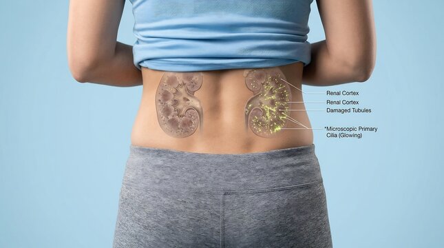 Medical illustration of human kidneys on a person's back showing renal cortex and damaged tubules with glowing cilia