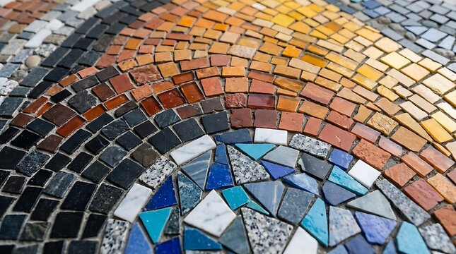 Colorful mosaic tiles arranged in a circular pattern on a textured ground surface for decorative outdoor flooring design