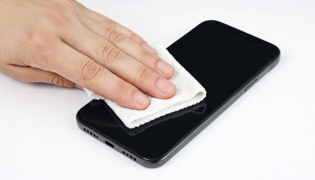 Person cleaning smartphone screen with microfiber cloth