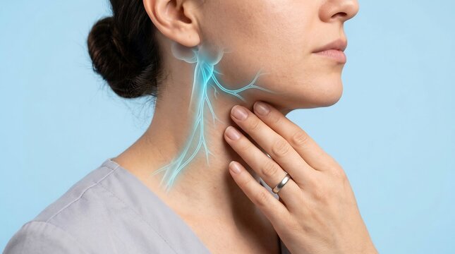 Side profile of a woman touching her neck with a glowing blue anatomical overlay of nerves and blood vessels