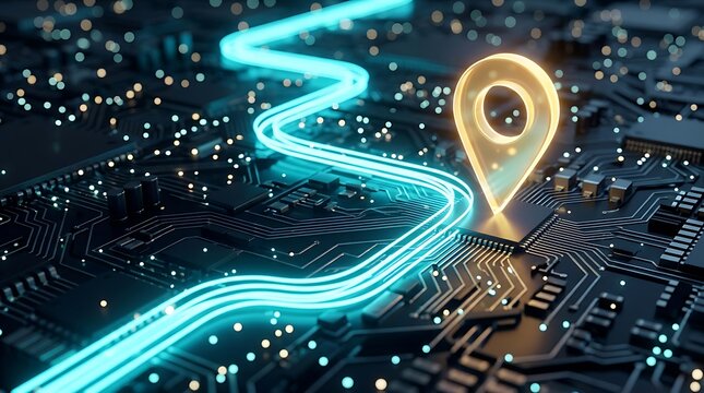 Glowing map location pin icon on a dark computer circuit board with blue data stream lines moving across the surface
