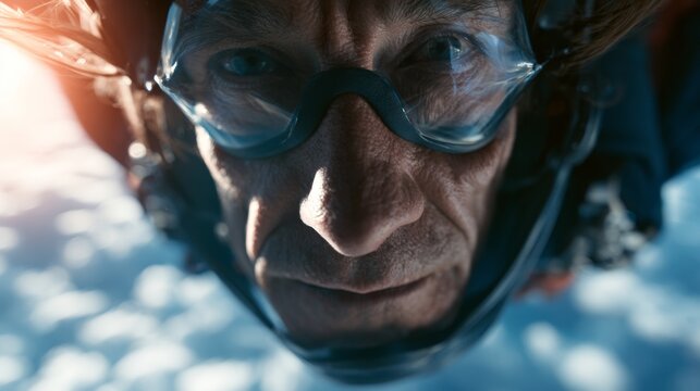 Portrait of a man skydiving.
