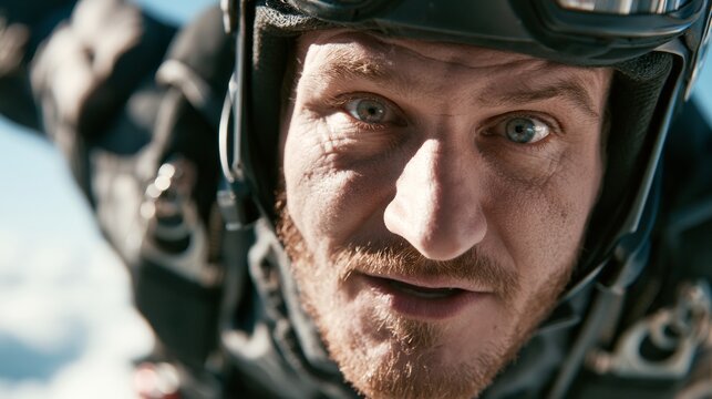 Portrait of a man skydiving.