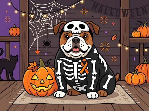 Cute bulldog dressed as skeleton for halloween