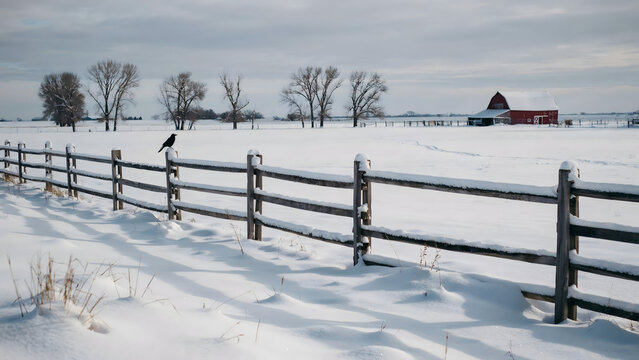 A black crow perched on a snow-covered wooden fence in a vast, white, frozen field with a red barn in the distance under a cloudy winter sky