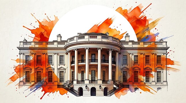 The White House building illustration with colorful artistic watercolor splashes in a creative and modern design style