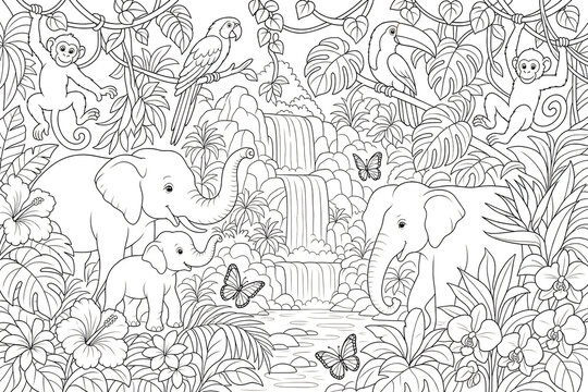 Jungle coloring page with elephants monkeys and birds by a waterfall