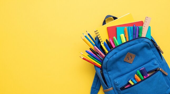 Blue school backpack full of colorful stationery on yellow background, vibrant student rucksack with pens and notebooks, back to school concept