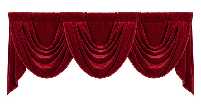 Elegant red velvet theater valance, luxury draped stage curtain swags, classic theater window treatment for grand interior decor isolated PNG with Transparent Background