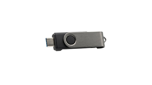 Modern USB-C flash drive with swivel metal cover, portable dual-connector thumb drive for data storage and file transfer isolated PNG with Transparent Background