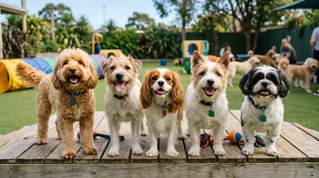 Five happy dogs standing together on a wooden platform at a pet daycare center in a green outdoor park environment