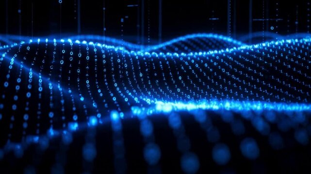 Futuristic digital wave of glowing blue binary code data stream with dark background technology concept
