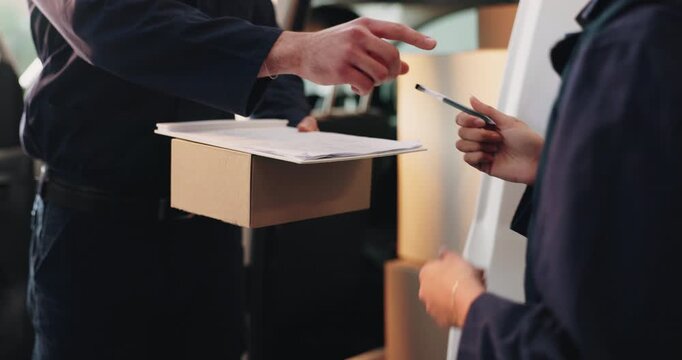 Hands, courier and customer with clipboard for signature, compliance and proof of shipment. Delivery man service, worker and person with safety approval for package, distribution or checklist for box
