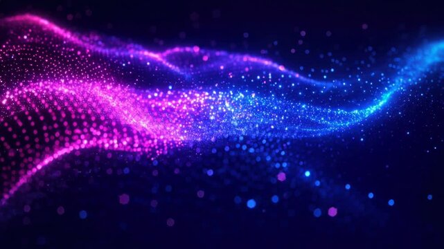 Abstract glowing wave of colorful particles with vibrant neon lights in futuristic digital background