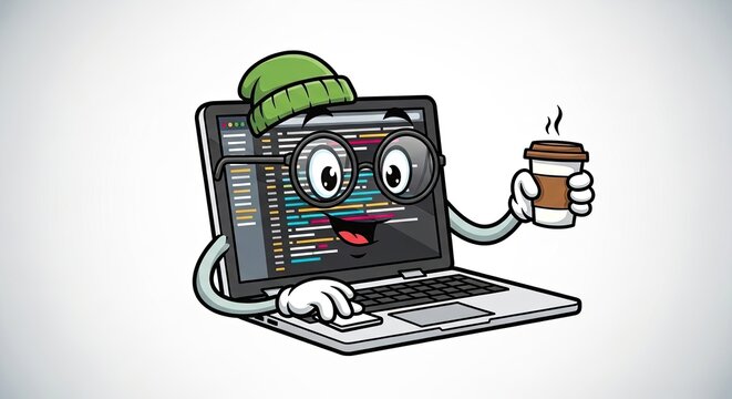 Cool laptop mascot character with beanie and coffee cup.