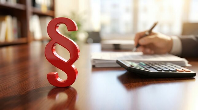 Red paragraph symbol on office desk. Legal expert working with documents and calculator.