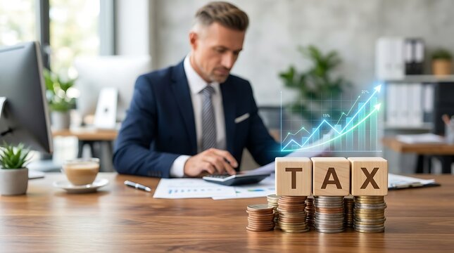 Professional businessman calculating tax with wooden blocks and stack of coins on desk in a modern bright office space