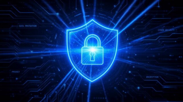 Digital blue cybersecurity shield with glowing padlock protecting data and encryption in futuristic technology