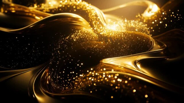 Abstract flowing golden liquid with sparkling particles on dark background luxury design