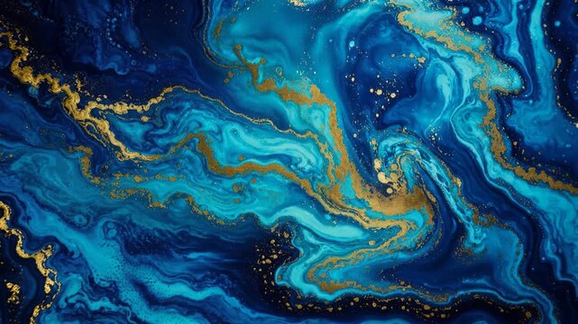 Abstract blue and gold fluid art painting with swirling waves and marbled texture for modern decor