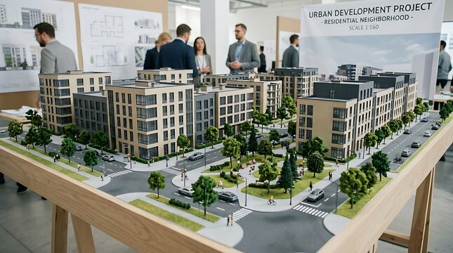 Architects and business people looking at a detailed urban city scale model at a modern real estate development show