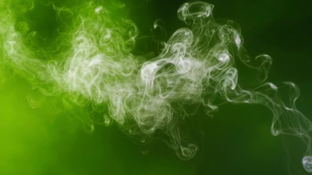 White smoke swirling in the air with green blurred background for abstract nature and environment concepts