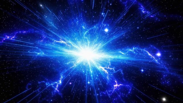 Bright blue cosmic explosion with glowing energy rays in deep space galaxy background