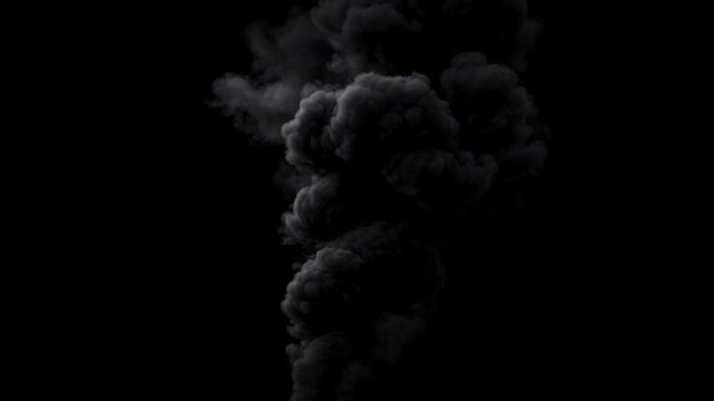 Dense dark smoke plume rising against black background with thick clouds of pollution and haze