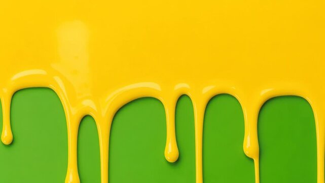Bright yellow paint dripping down on a vibrant green background for creative colorful design