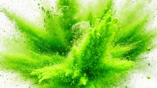 Bright green powder explosion with dynamic particles and vibrant color on white background
