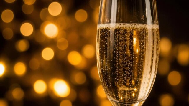 Close up of sparkling champagne glass with golden bokeh lights festive celebration background