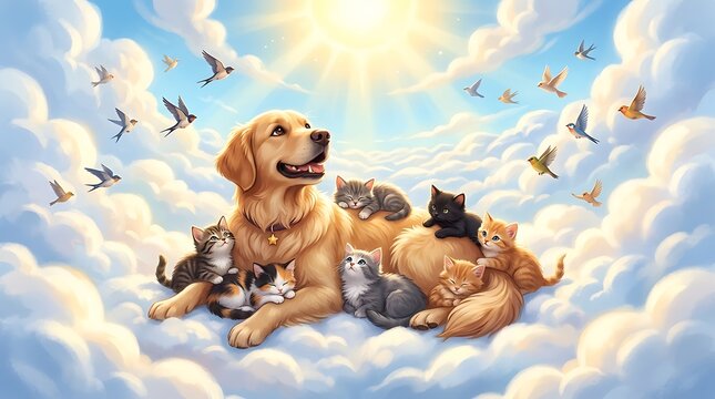 Happy golden retriever dog resting with many cute kittens on fluffy white clouds in the bright blue sunny sky