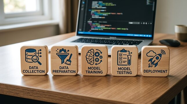 Wooden blocks showing machine learning pipeline steps with data collection preparation training testing and deployment