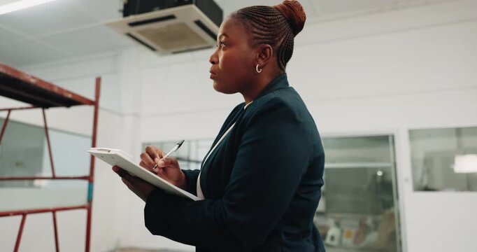 Writing, architect and clipboard with black woman in building for inspection, construction progress and review. Contractor, project code regulations and renovation evaluation with person for update