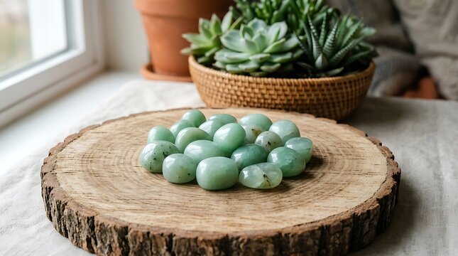 Small smooth gray and green polished stones piled on a rustic wooden slice in a bright home setting with a succulent