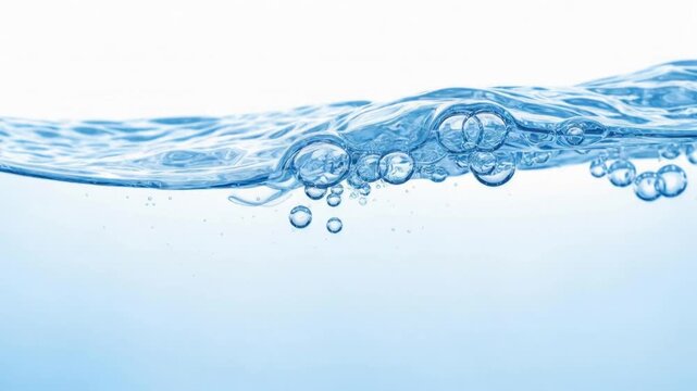 Clear fresh water surface with rising bubbles and liquid motion in blue background