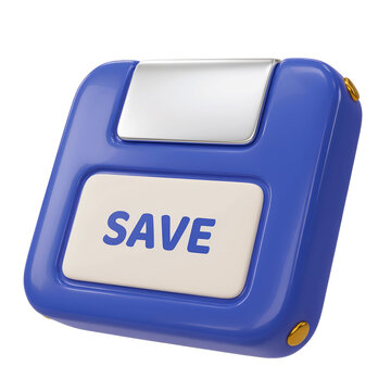 3D save button icon. Glossy blue digital storage symbol for web interface design.