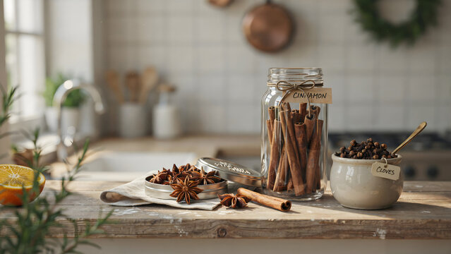 A rustic kitchen counter with a glass jar of cinnamon sticks, a small ceramic pot of cloves, and star anise on a linen cloth, orange slice