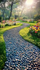 Obraz premium Beautiful Winding Pebble Path Through a Vibrant Flowered Garden Bathed in Radiant Morning Sunlight.