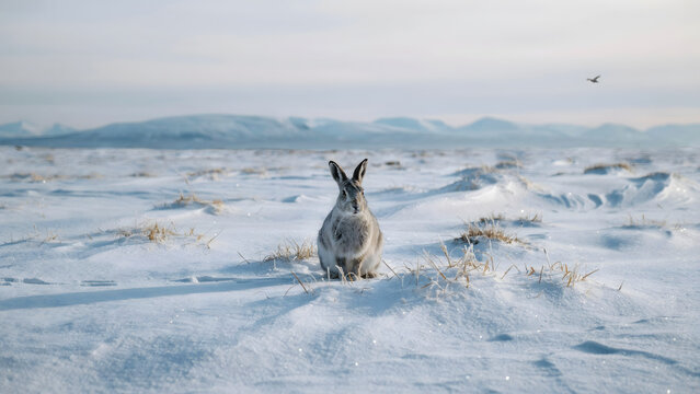 A solitary arctic hare sitting on a snow-covered plain with distant mountain peaks under a pale, calm winter sky in the wilderness