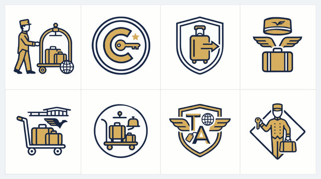 Luxury Hotel Porter and Luggage Service Line Icon Set, Hospitality, Travel and Concierge Collection
