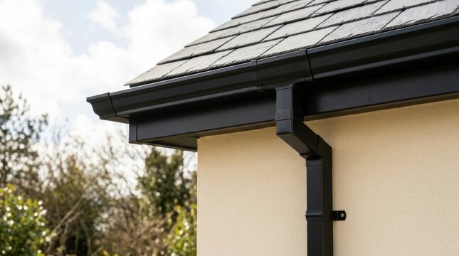 Modern black roof gutter and downpipe installation on residential house exterior.