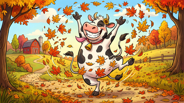 Happy cartoon cow dancing while swirling maple leaves fly around, exaggerated funny pose and huge smile.