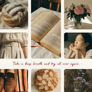 Collage of images featuring food, nature, a book, and people for lifestyle and relaxation themes.