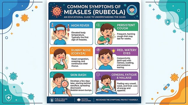Educational medical infographic poster showing the common symptoms and signs of measles virus infection in children