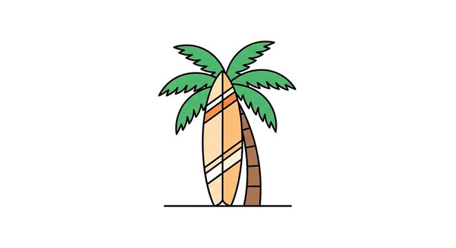 Surfboard leaning against a tropical palm tree illustration on white background