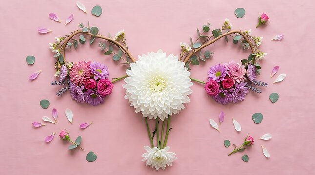 Female reproductive system shaped by beautiful flowers and soft petals arranged on a pastel pink background surface