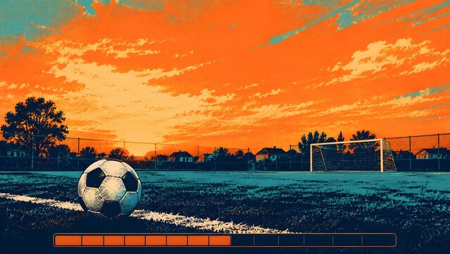 sports football loading screen illustration with retro orange sunset pitch, football and segmented progress bar

