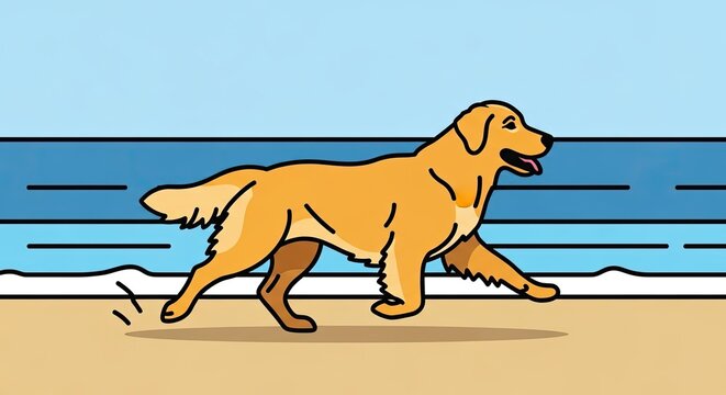 Happy golden retriever dog running on a sunny beach vector illustration