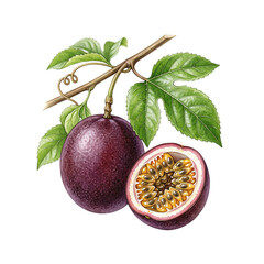 Realistic Botanical Watercolor Illustration of Passion Fruit with Leaves and Half-Cut Fruit © Arta